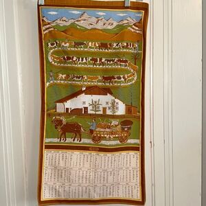 Vtg  1991 Calendar tea towel/European scene of cows being herded up mountain